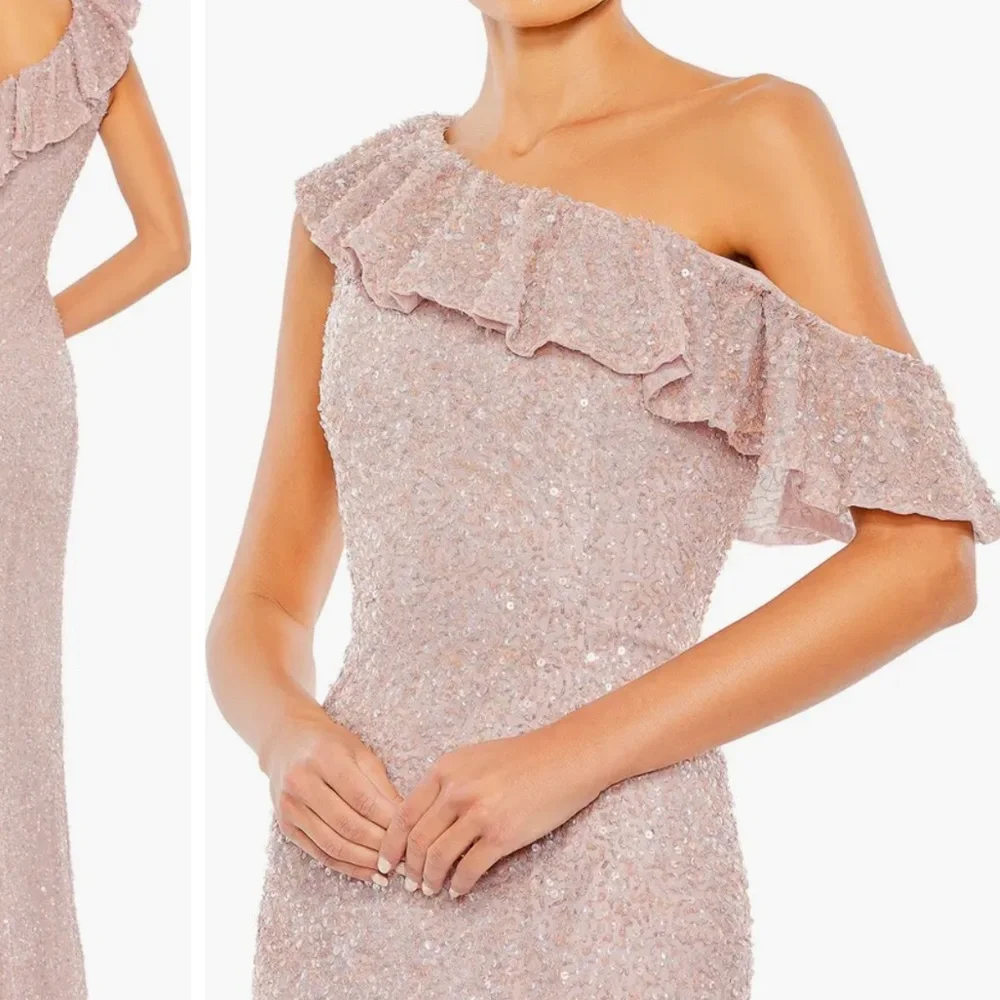 Mac Duggal One Shoulder Asymmetrical Sequin Gown Pink 8